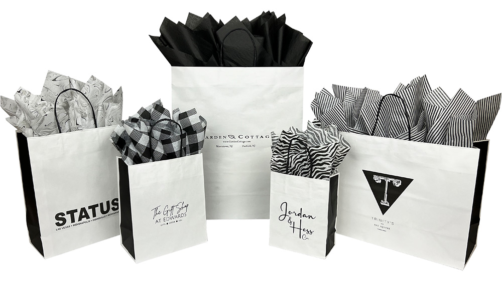 Fold Over J-Cut Shopping Bags (White w/ Black Gussets)