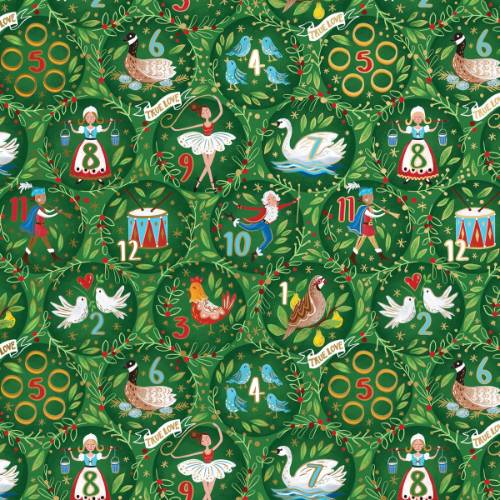 12 Days of Christmas Gift Wrap Paper - Twelve Days of Christmas motifs and icons on a festive green background