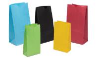 Flat-bottom paper SOS bags in assorted solid colors, no handles — 6 x 3 5/8 x 11 1/16