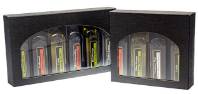 60ml olive oil box — flat black linen-embossed box with an oval window and insert holding 6 small tasting bottles