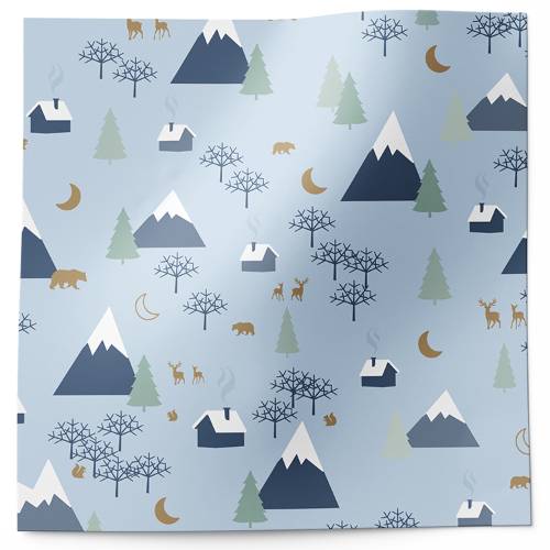 Alpine Holiday Printed Tissue Paper — Winter mountain village scene with skiers and snow-covered houses in blue and white