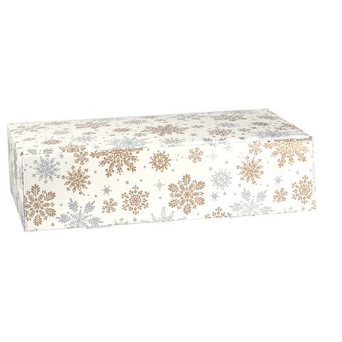 Alpine Snowflake wine bottle box 7.2x3.5x13.4, hinged-lid gift box with full-length insert dividers holding 2 bottles, ivory snowflake linen finish