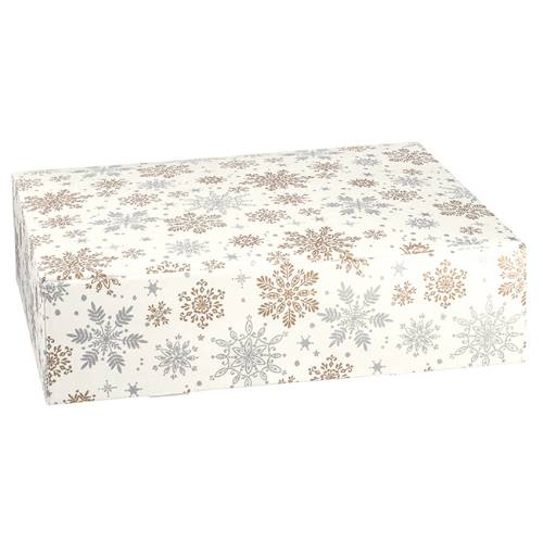 Alpine Snowflake wine bottle box 11x3.5x13.4, hinged-lid gift box with full-length insert dividers holding 3 bottles, ivory snowflake linen finish