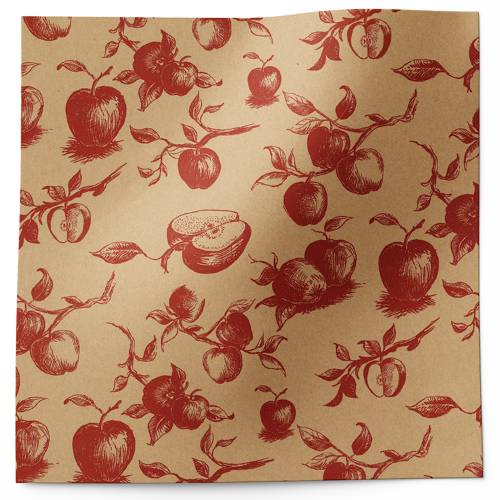 Apple Toile Printed Tissue Paper — Red apple illustrations in vintage toile style scattered on natural kraft background