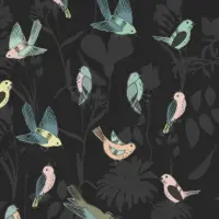 Avelina Gift Wrap Paper with pastel pink, mint, and blue songbirds among dark botanicals on charcoal black
