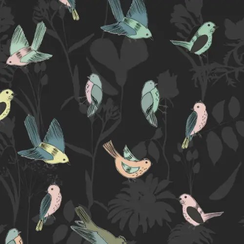 Avelina Gift Wrap Paper with pastel pink, mint, and blue songbirds among dark botanicals on charcoal black