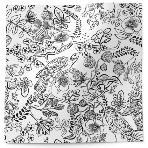 Aviary Printed Tissue Paper — Detailed black line-art birds, florals, and botanical illustrations on white