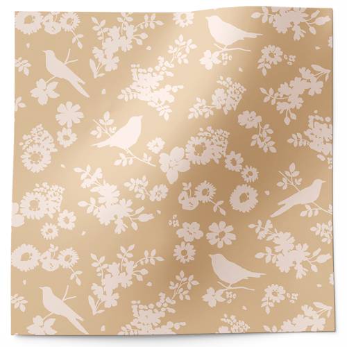 Backyard Blossoms printed tissue paper with white floral and bird silhouettes on a kraft background