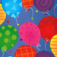 Balloon Happiness Gift Wrap Paper with bright blue, green, pink, red, and purple balloons with confetti on periwinkle blue
