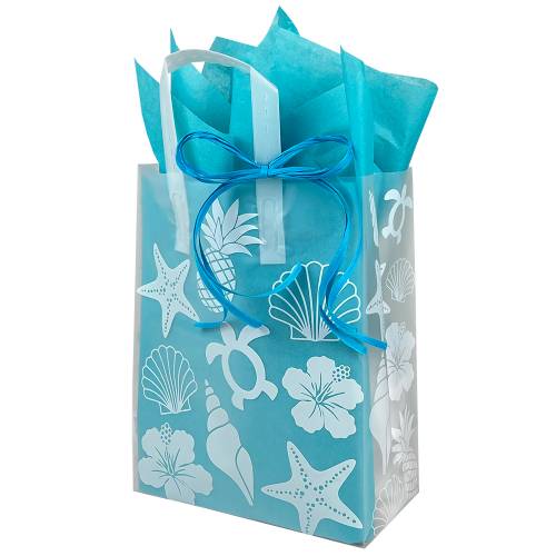 Clear frosted plastic shopping bag printed with beach icons, soft-loop plastic handles