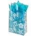 Clear frosted plastic shopping bag printed with beach icons, soft-loop plastic handles