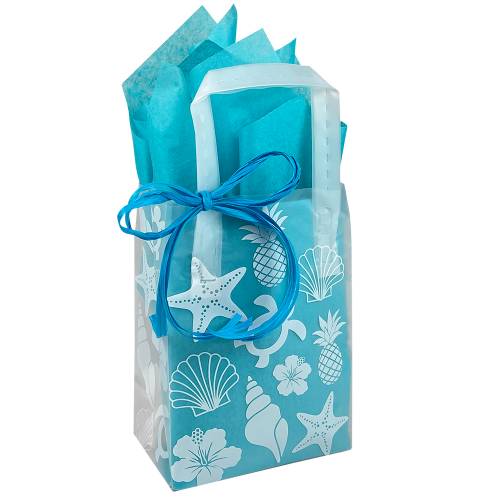 Clear frosted plastic shopping bag printed with beach icons, soft-loop plastic handles
