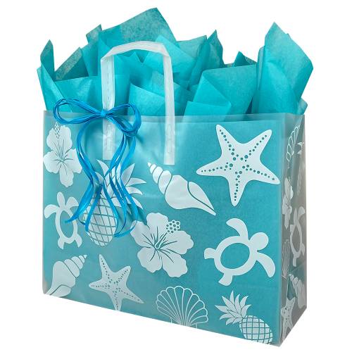 Clear frosted plastic shopping bag printed with beach icons, soft-loop plastic handles