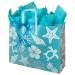 Clear frosted plastic shopping bag printed with beach icons, soft-loop plastic handles