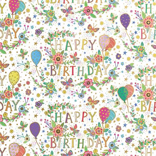 Beautiful Birthday White Gift Wrap Paper - white background with Happy Birthday text, balloons, and flowers