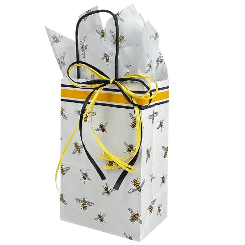 White kraft paper shopping bag scatter-printed with bees, twisted paper handles