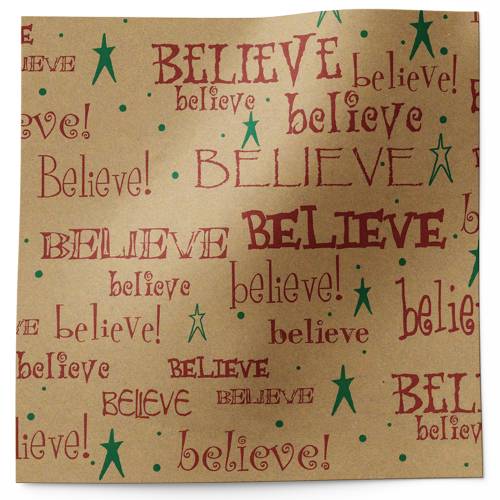 Believe Believe Printed Tissue Paper — Red Believe text in various decorative fonts and sizes scattered on kraft background