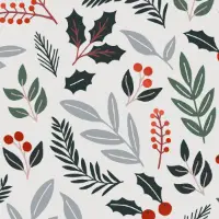 Berna Gift Wrap Paper with holly, pine sprigs, and red berries in deep green, sage, and gray on soft white
