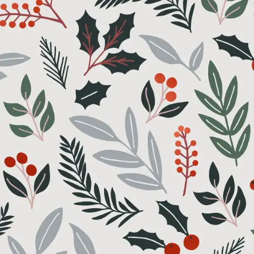 Berna Gift Wrap Paper with holly, pine sprigs, and red berries in deep green, sage, and gray on soft white