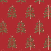 Bert Gift Wrap Paper with folk art Christmas trees with gold trunks and stars on rich red