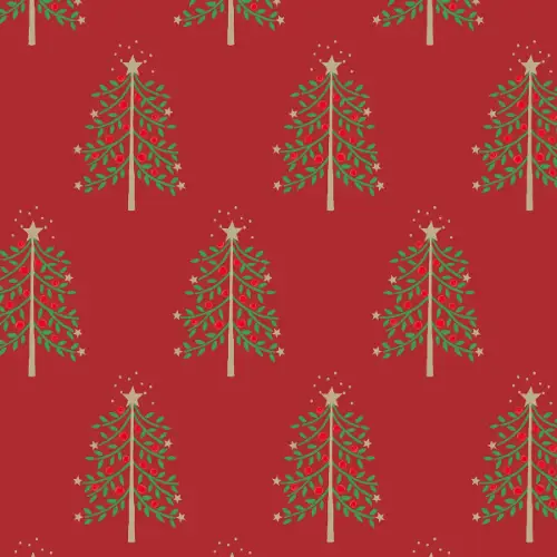 Bert Gift Wrap Paper with folk art Christmas trees with gold trunks and stars on rich red