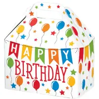 Birthday Banner large gable box — a Happy Birthday banner with colorful bunting on white, die-cut top carry handle