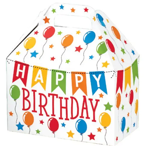 Birthday Banner large gable box — a Happy Birthday banner with colorful bunting on white, die-cut top carry handle