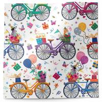 Birthday Bicycles printed tissue paper with colorful bicycles, balloons, and gift designs on a white background