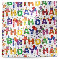 Birthday Characters Printed Tissue Paper — Colorful birthday text with party icons in bright multi-colors on white