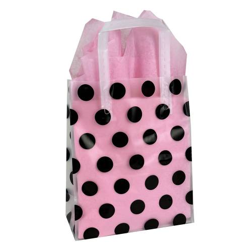 Black polka-dot print on a frosted clear poly shopping bag with soft loop handles — 8 x 4 x 10