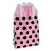 Black polka-dot print on a frosted clear poly shopping bag with soft loop handles — 8 x 4 x 10