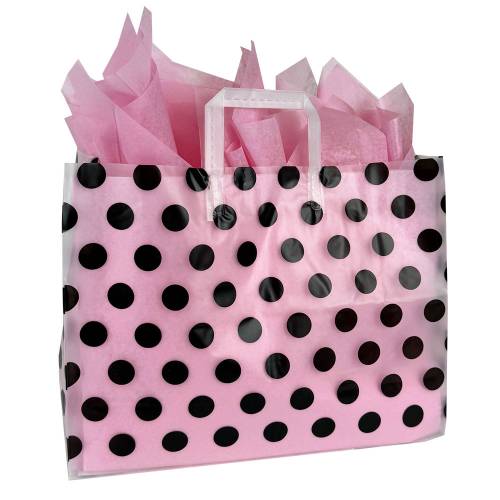 Black polka-dot print on a frosted clear poly shopping bag with soft loop handles — 16 x 6 x 12