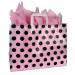 Black polka-dot print on a frosted clear poly shopping bag with soft loop handles — 16 x 6 x 12