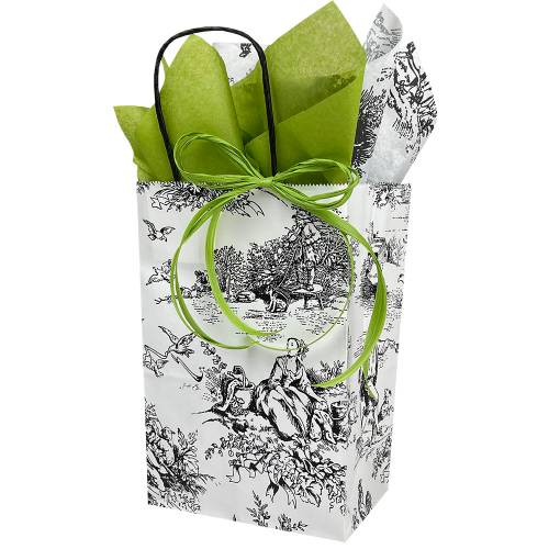 White paper shopping bag printed with a black French toile, twisted paper handles