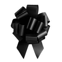 Black pom style pull bow shown fully gathered, with looped smooth poly ribbon and two pointed tail streamers