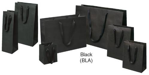 Black Manhattan shopping bags in matte uncoated paper with flat woven cotton-twill handles, shown in multiple sizes