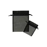 Black organza bag 3x4 - sheer drawstring pouch in a deep charcoal-black weave, shown upright with a second bag laid in front