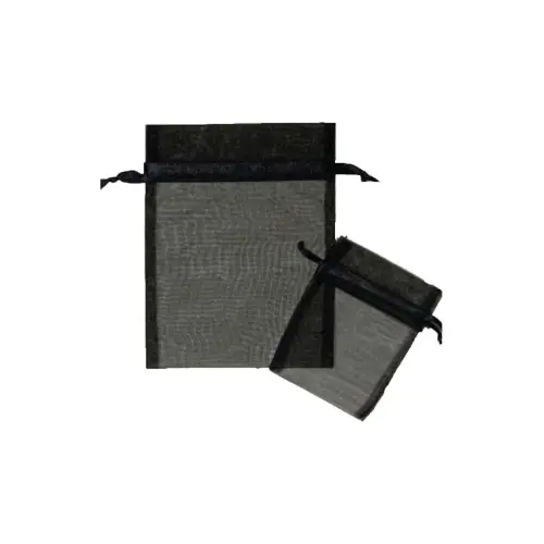 Black organza bag 3x4 - sheer drawstring pouch in a deep charcoal-black weave, shown upright with a second bag laid in front
