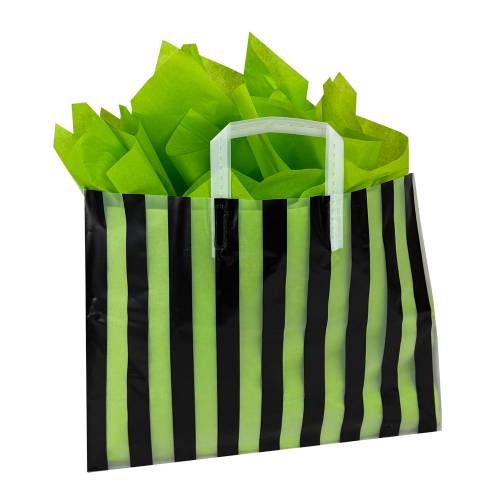 Black vertical-stripe print on a frosted clear poly shopping bag with soft loop handles — 16 x 6 x 12