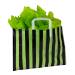 Black vertical-stripe print on a frosted clear poly shopping bag with soft loop handles — 16 x 6 x 12