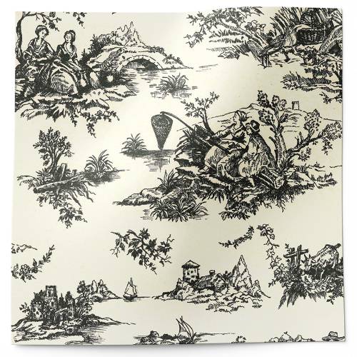 Black toile tissue paper with a classic scenic design of figures and landscapes in black on white