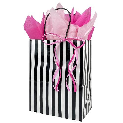White gloss paper shopping bag with black-and-white vertical stripes, twisted paper handles