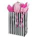 White gloss paper shopping bag with black-and-white vertical stripes, twisted paper handles