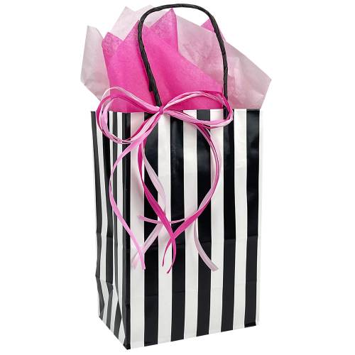 White gloss paper shopping bag with black-and-white vertical stripes, twisted paper handles