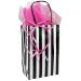 White gloss paper shopping bag with black-and-white vertical stripes, twisted paper handles