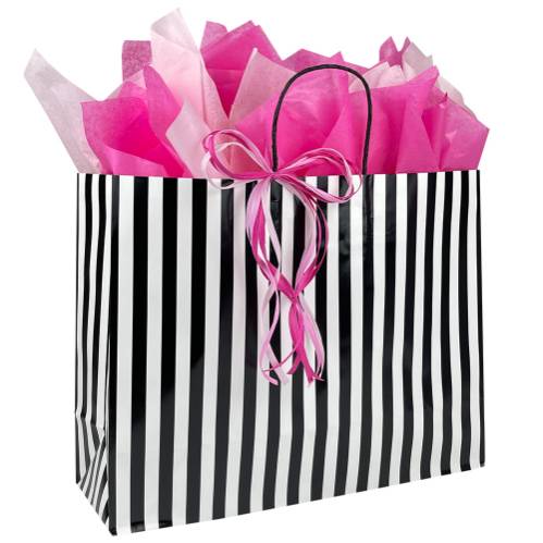 White gloss paper shopping bag with black-and-white vertical stripes, twisted paper handles