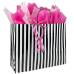 White gloss paper shopping bag with black-and-white vertical stripes, twisted paper handles