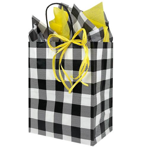 white kraft paper shopping bag printed with black plaid gingham