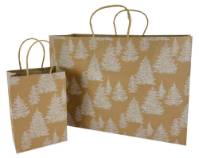 White kraft paper shopping bag with blanketed branches winter print design, twisted paper handles