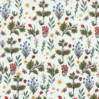 Blossoms Gift Wrap Paper with botanical meadow with oak leaves, wildflowers, strawberries, and butterflies on soft white